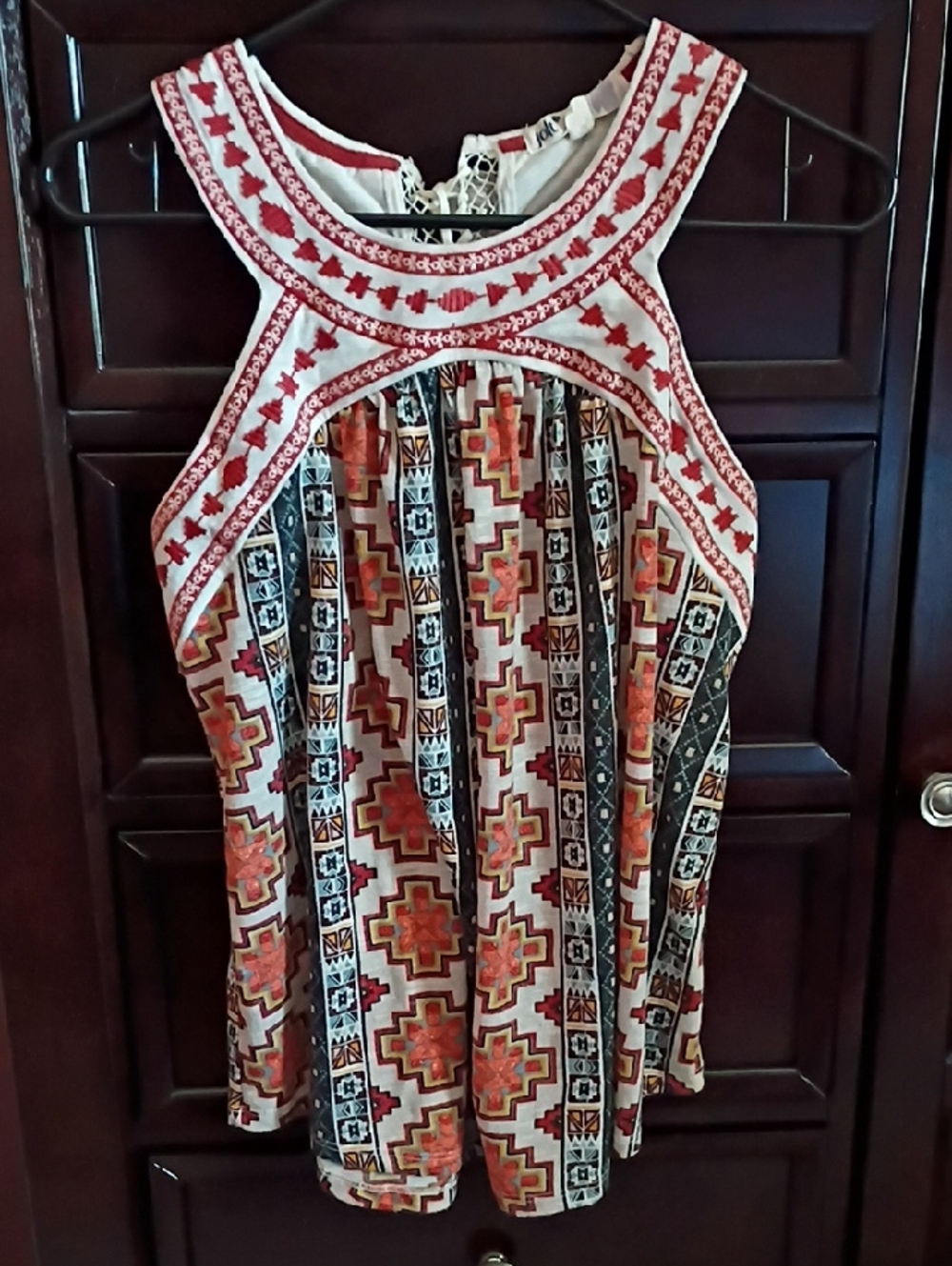 Jolt Orange Aztec Print Embroidered Tank